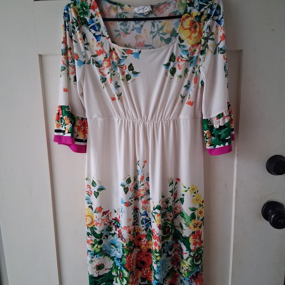 Beige by eci Cream Floral Midi Dress with Multicolor Bloom Accents